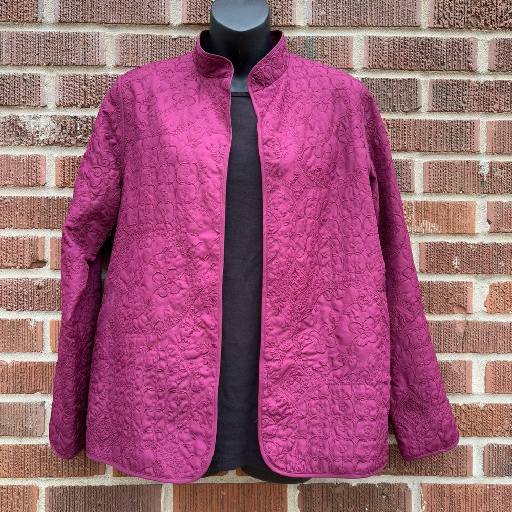 Alfred Dunner Women Sz 8 Burgundy Quilted open front Light Jacket Office